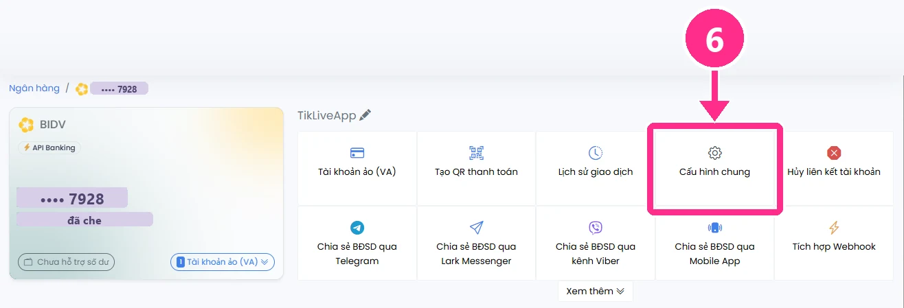 SePay: trang tài khoản ngân hàng, ô Cấu hình chung; số tài khoản và tên đã che