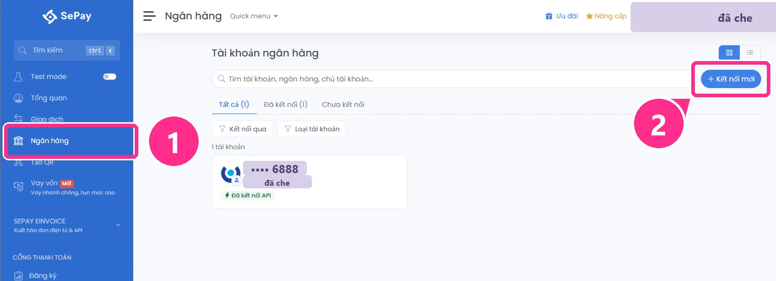 SePay: mục Ngân hàng và nút Kết nối mới