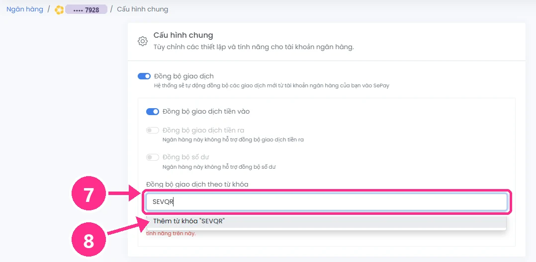 SePay: Cấu hình chung, ô Đồng bộ giao dịch theo từ khóa đã gõ SEVQR và dòng Thêm từ khóa