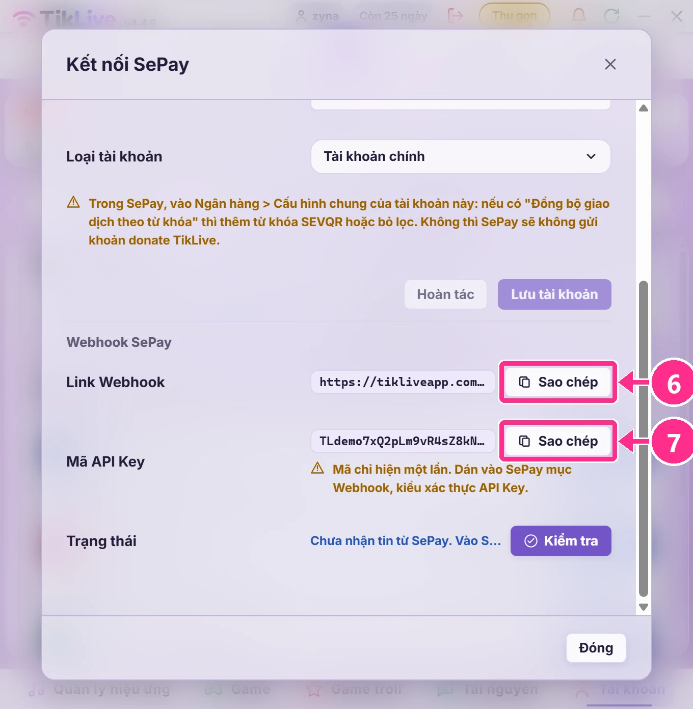 Hộp Kết nối SePay: nút Sao chép ở Link Webhook và Mã API Key