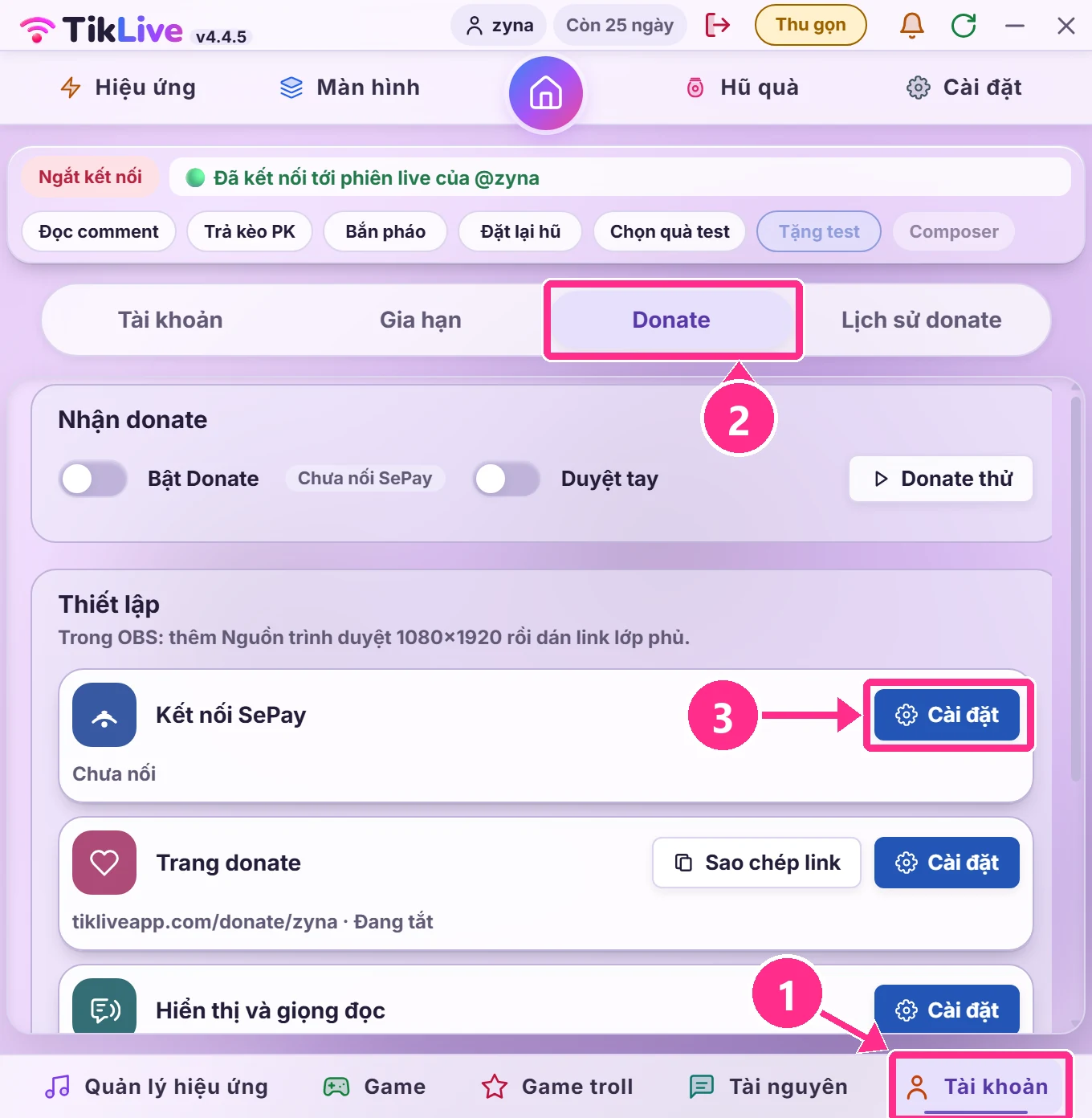 App TikLive: tab Tài khoản, mục Donate, nút Cài đặt ở dòng Kết nối SePay