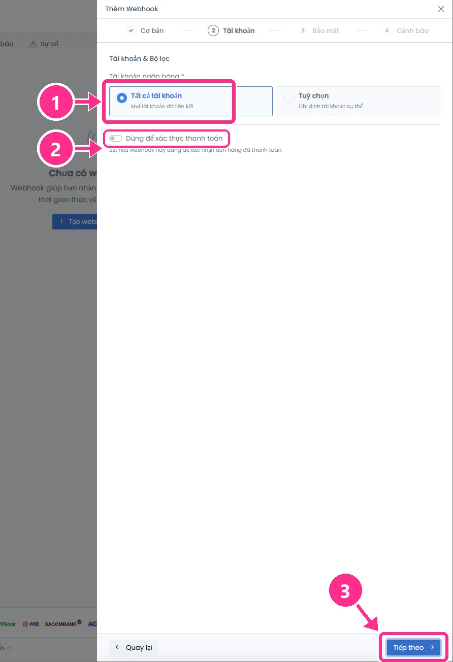 Thêm Webhook, phần Tài khoản