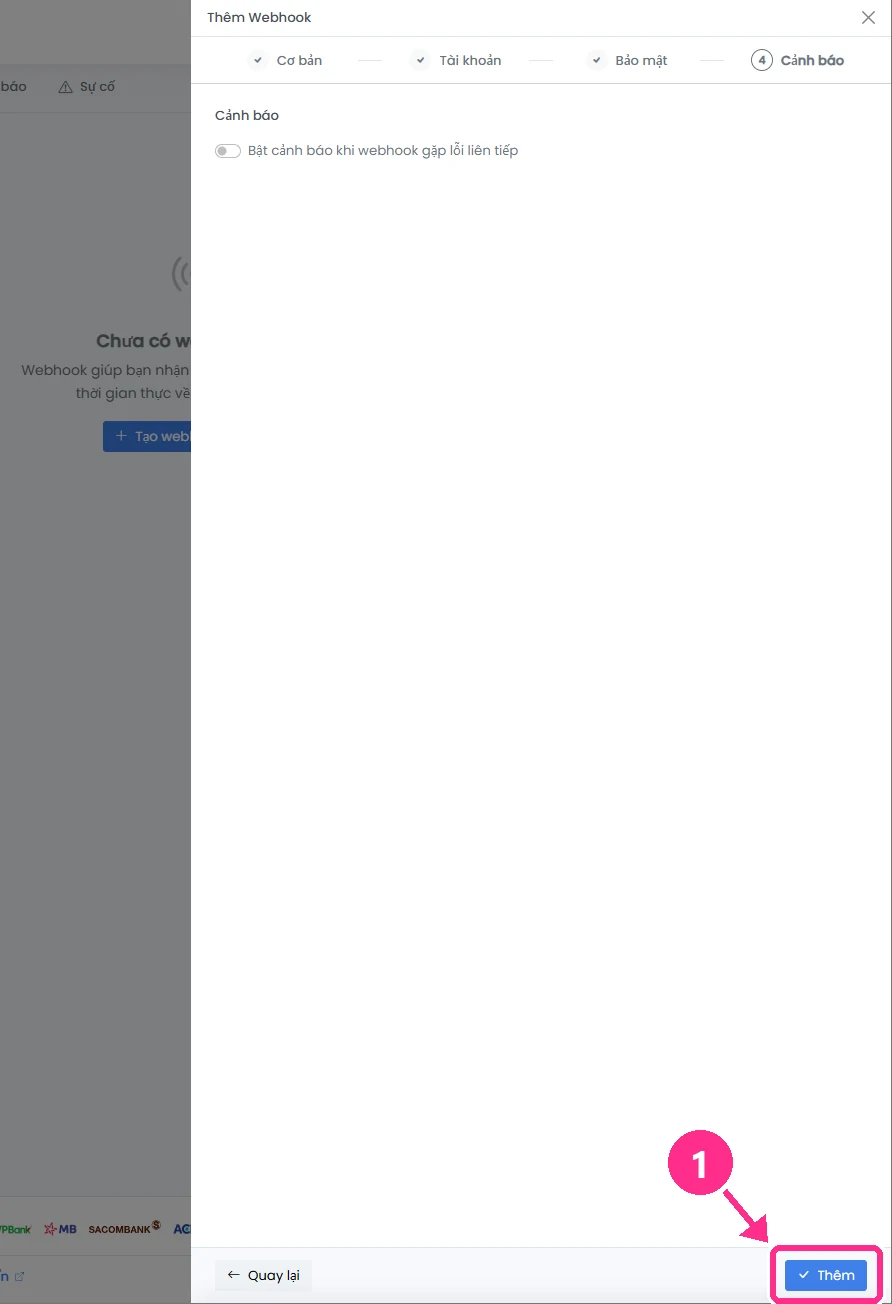 Thêm Webhook, phần Cảnh báo và nút Thêm