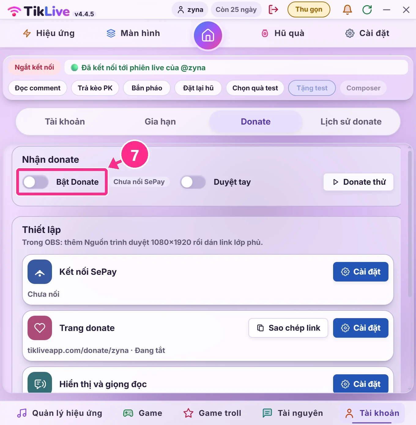 Công tắc Bật Donate