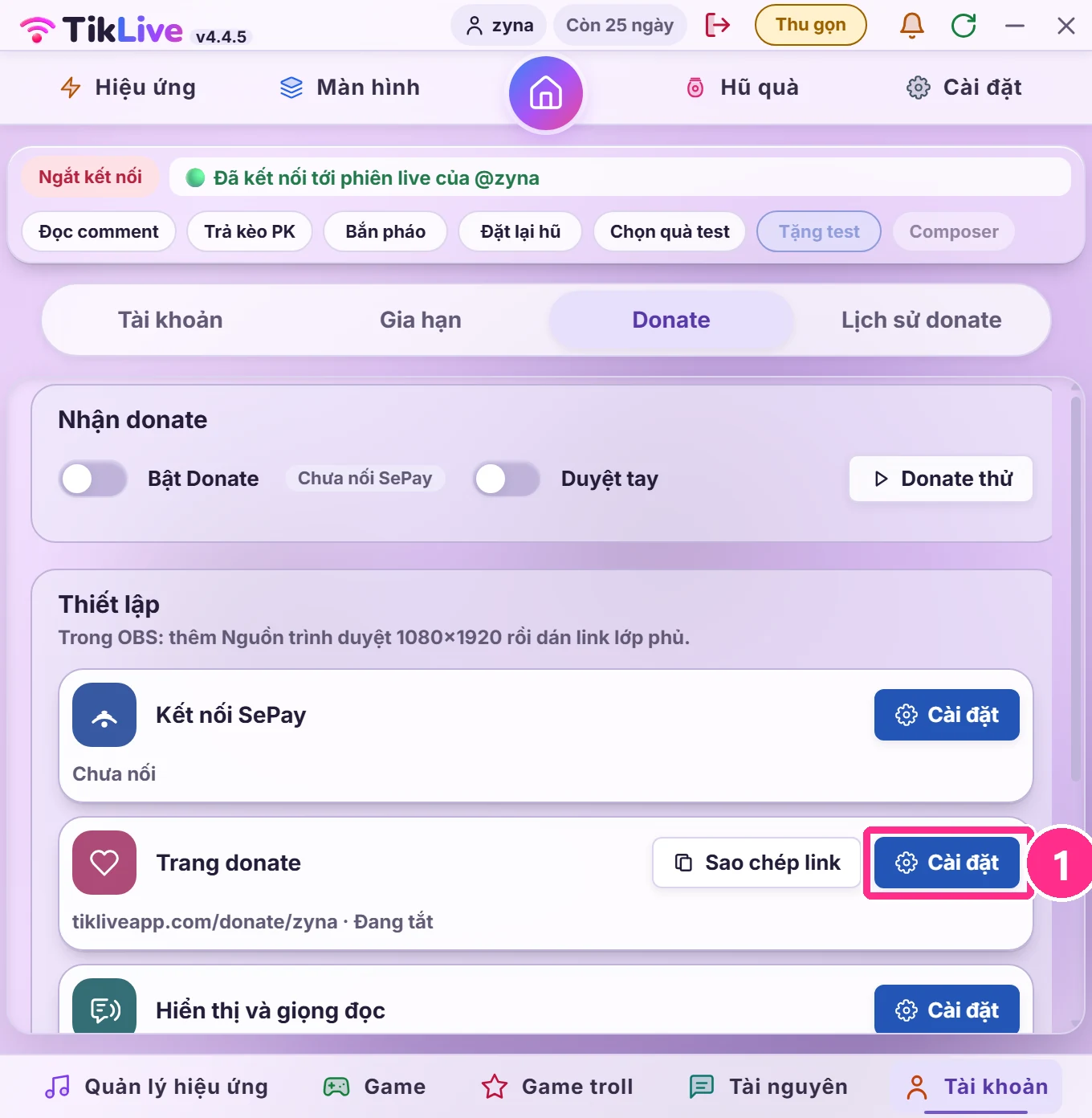 App: nút Cài đặt ở dòng Trang donate
