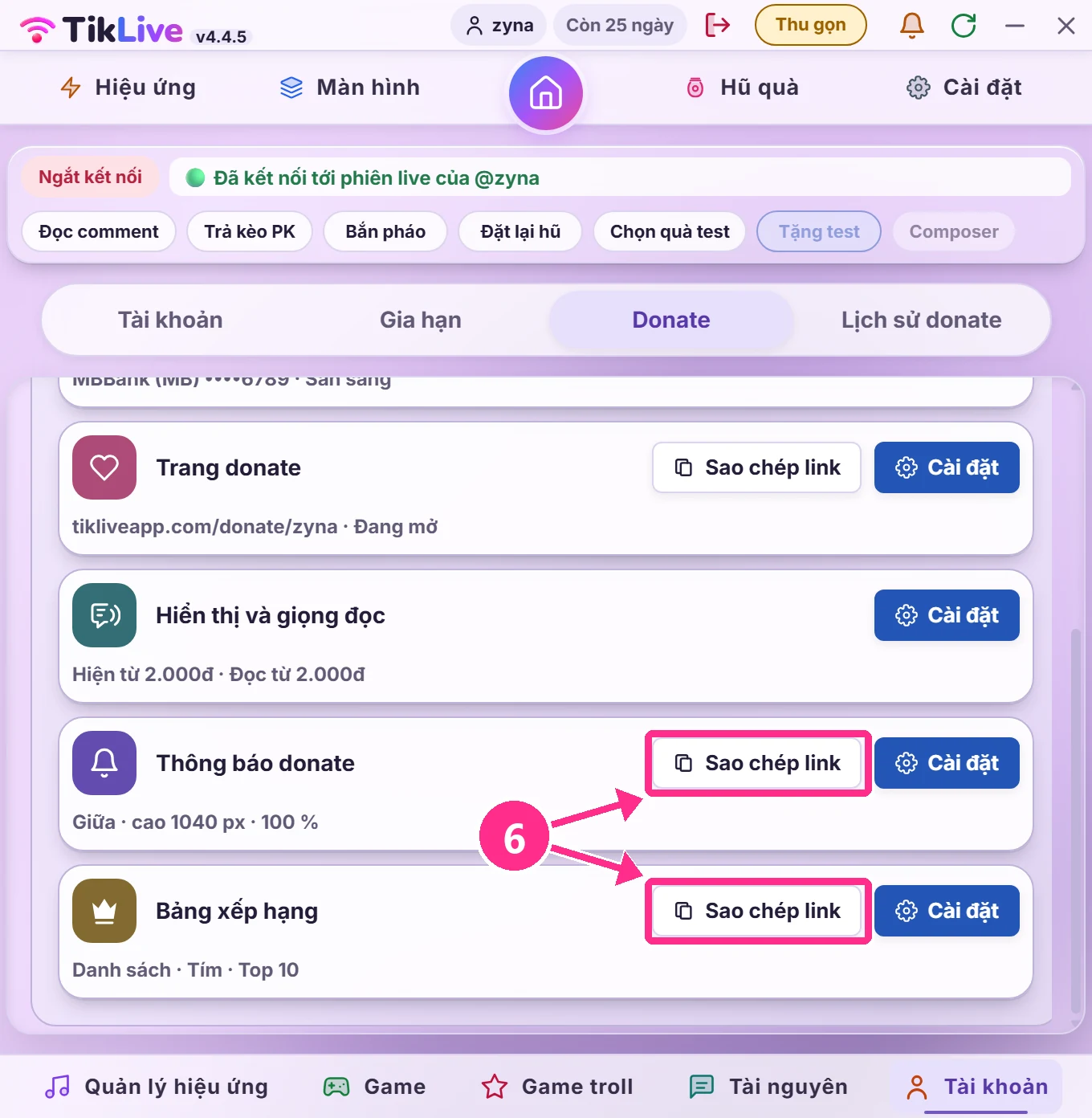 App: nút Sao chép link ở thẻ Thông báo donate và Bảng xếp hạng