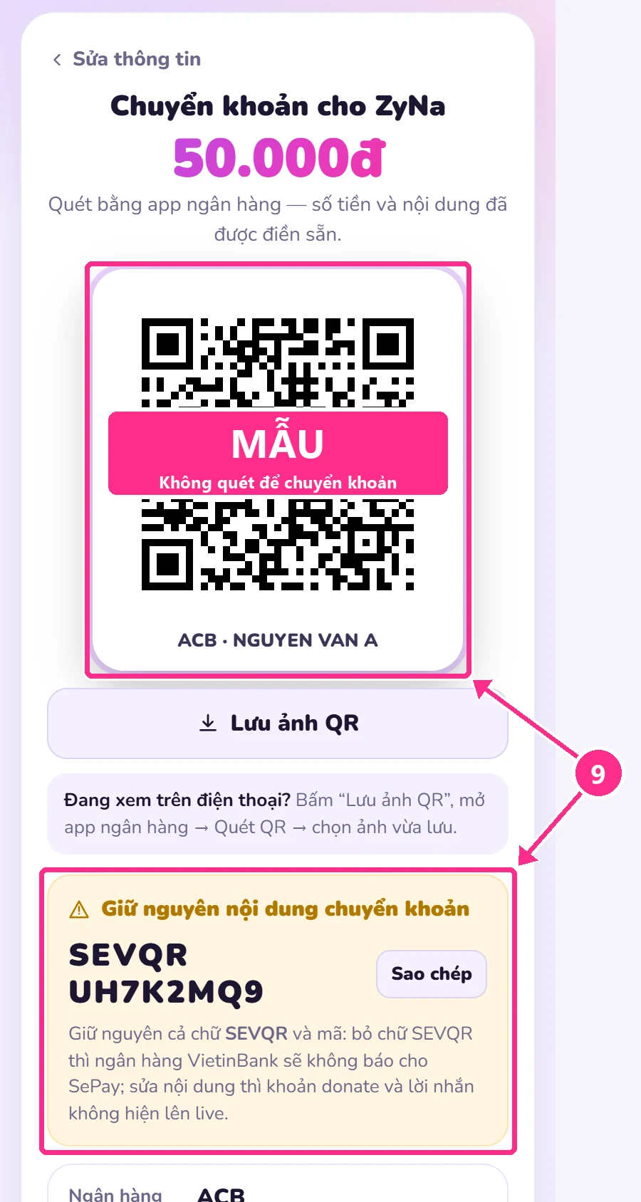 Mã QR và nội dung chuyển khoản SEVQR kèm mã