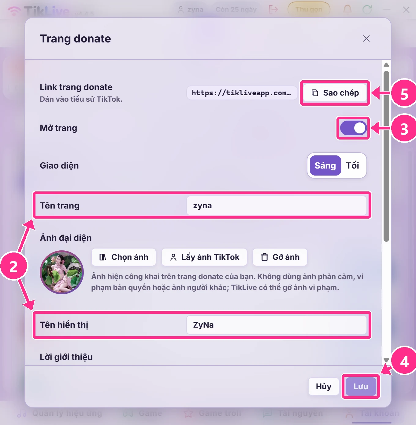 Hộp Trang donate: tên trang, Mở trang, Lưu và Sao chép link