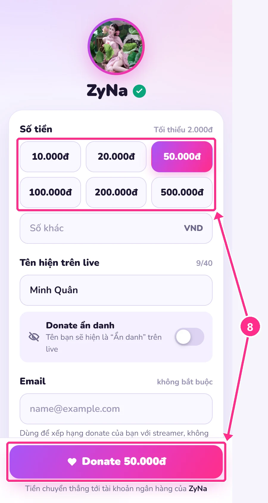 Trang donate: chọn số tiền và nút Donate