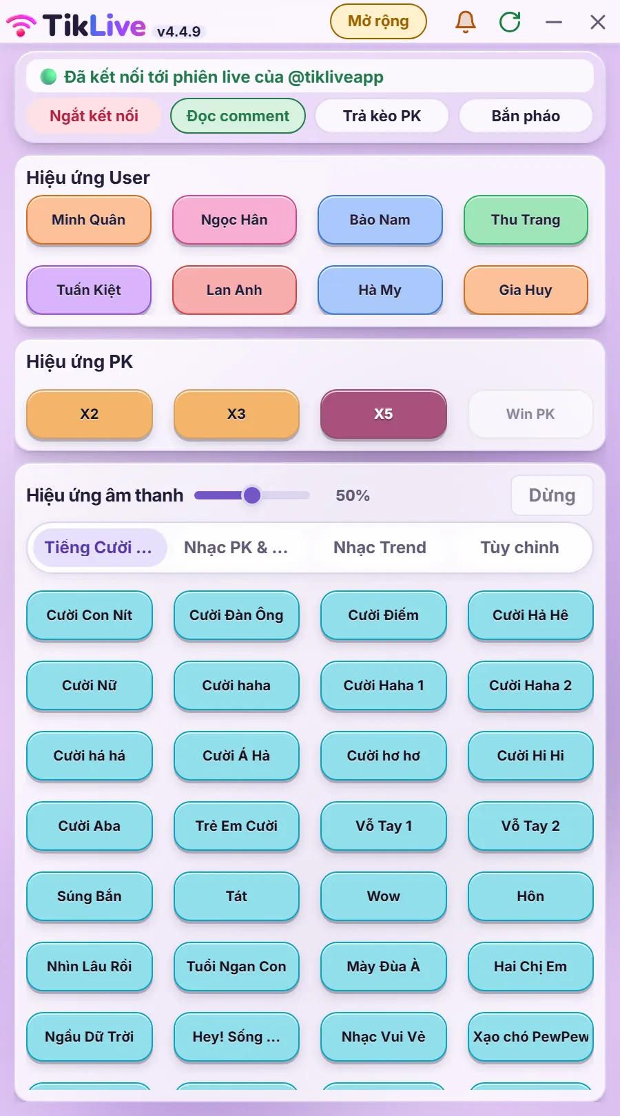 Cửa sổ thu gọn của app TikLive: Hiệu ứng User, Hiệu ứng PK, Bảng âm thanh