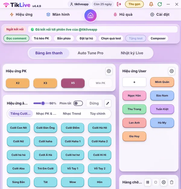 Màn hình chính của app TikLive: hiệu ứng PK, bảng âm thanh, hiệu ứng user