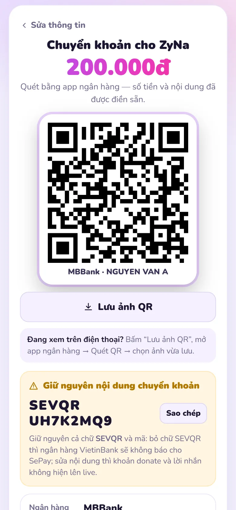 Trang donate trên điện thoại: mã QR chuyển khoản 200.000đ